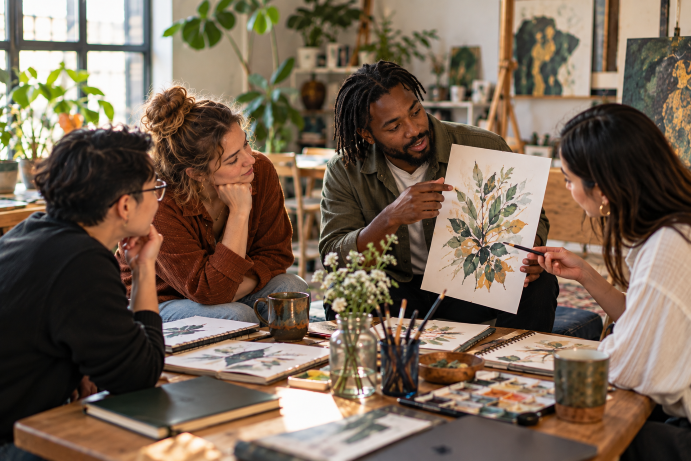 Participants discussing and reflecting on an artwork